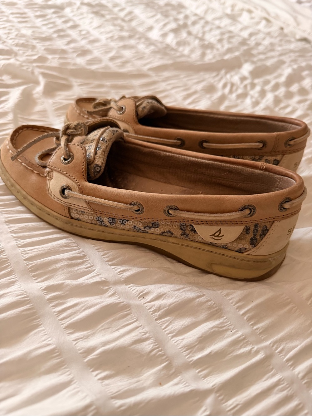 Sperry Tan Leather Boat Shoes with Sequin Trim